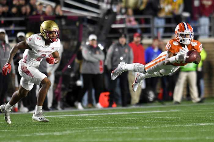 Clemson’s Nate Wiggins tries to intercept a pass intended for Boston College’s Joseph Griffin.